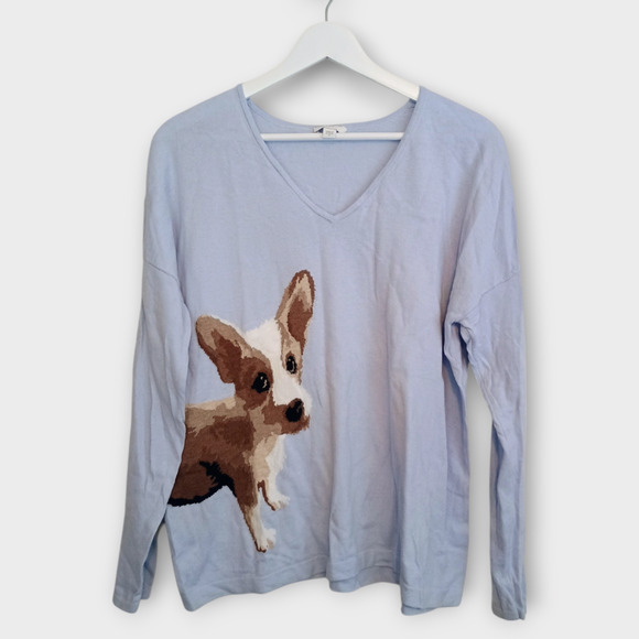 J Jill Sweater Womens Medium Blue Corgi Dog Print Casual Lightweight Pullover - Picture 1 of 8